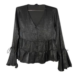 Heyson black v neck button down babydoll blouse with ruffled long sleeves